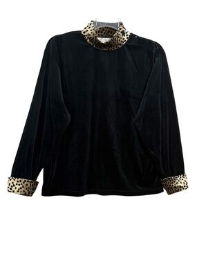Vintage 90s Velour Lounge Set Black Leopard Trim 2 Piece Lounge Set Women Large